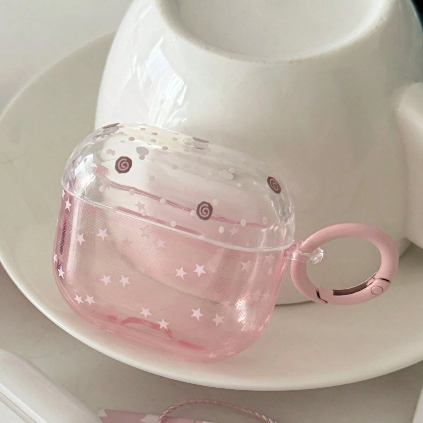Transparent Pink Striped Star With Ring Earphone Case Compatible With AirPods 2/3/4/Pro/Pro2/Pro3, Anti-Drop Earphone Case, Gift, Fashion Accessory, Combines Aesthetics And Practicality