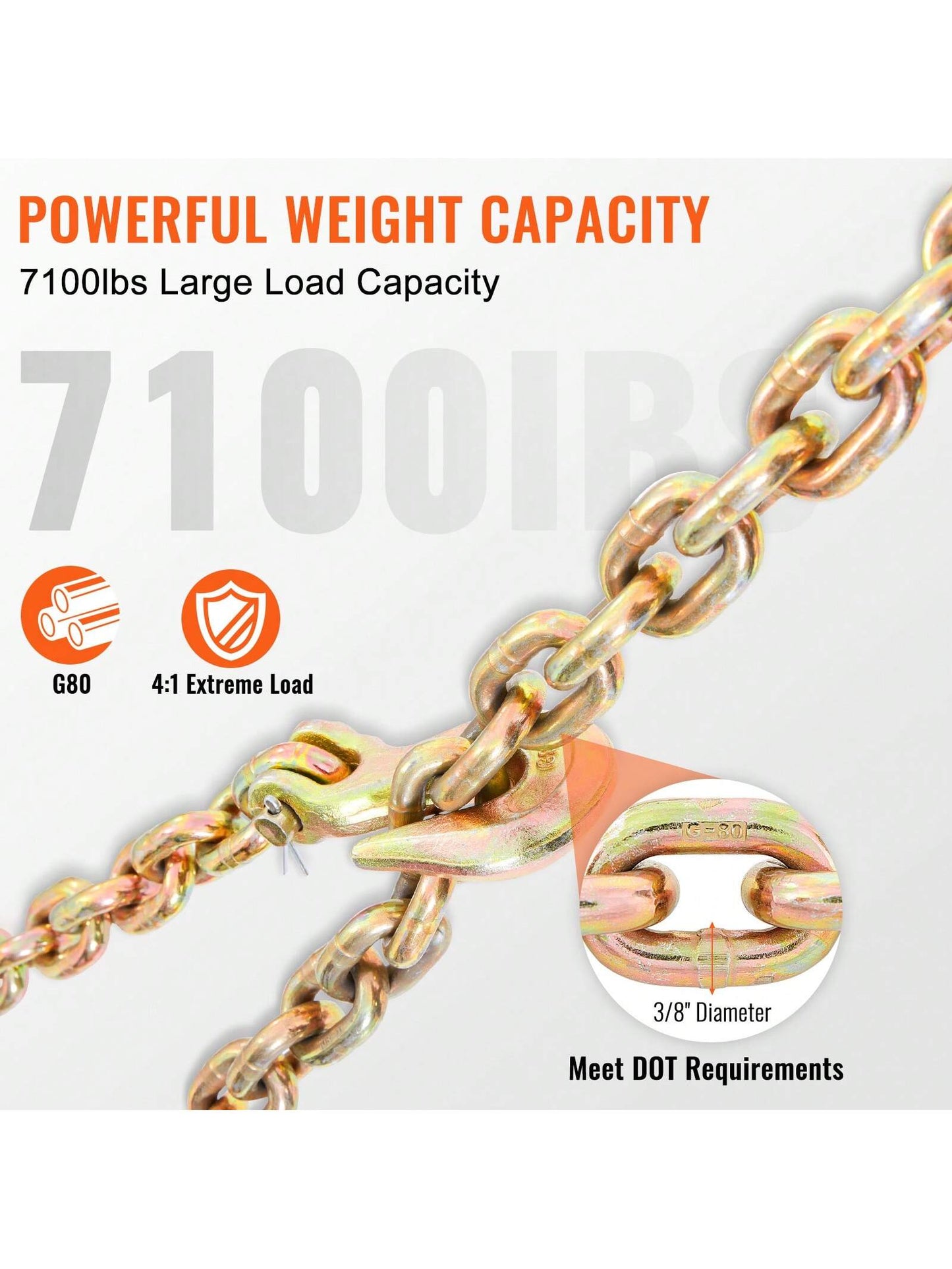 Transport Binder Chain 4900&7100 Lbs Working Load Limit 8 Mmx20'&10 Mmx20' G80 Tow Chain Tie Down With Grab Hooks DOT Certified Galvanized Coating Manganese Steel For Dock Factory Construction Site 1&