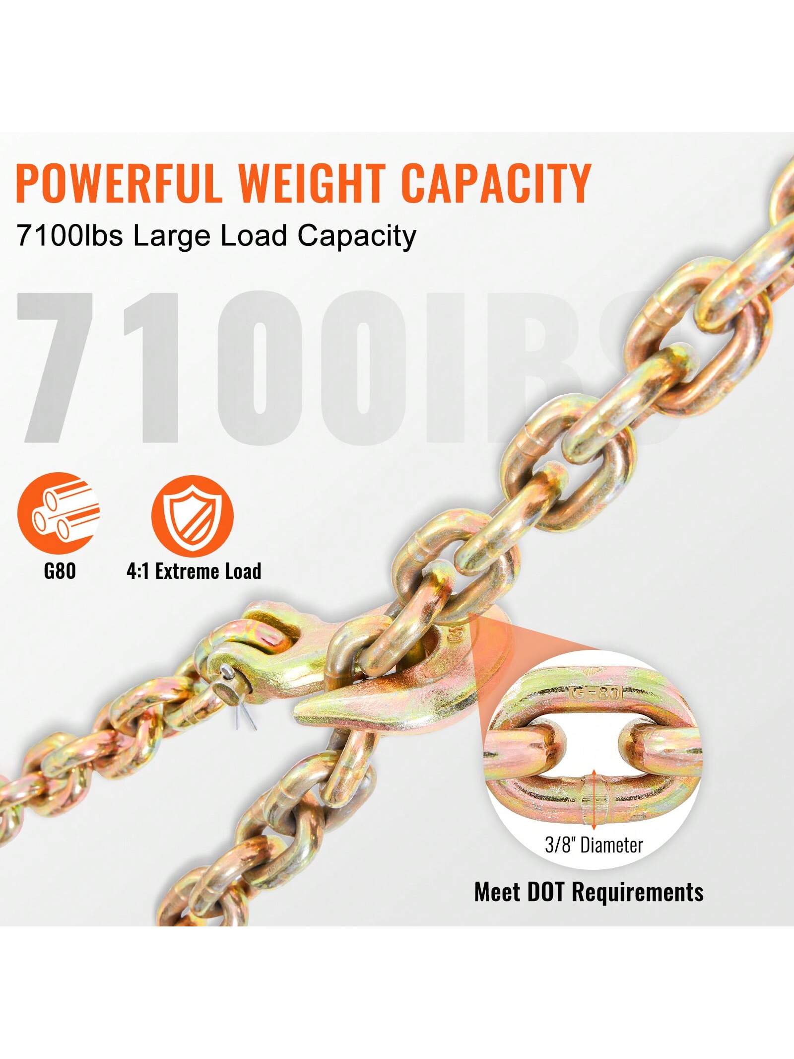 Transport Binder Chain 4900&7100 Lbs Working Load Limit 8 Mmx20'&10 Mmx20' G80 Tow Chain Tie Down With Grab Hooks DOT Certified Galvanized Coating Manganese Steel For Dock Factory Construction Site 1&