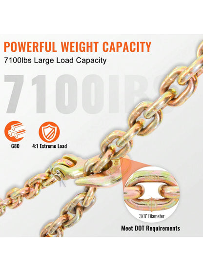 Transport Binder Chain 4900&7100 Lbs Working Load Limit 8 Mmx20'&10 Mmx20' G80 Tow Chain Tie Down With Grab Hooks DOT Certified Galvanized Coating Manganese Steel For Dock Factory Construction Site 1&