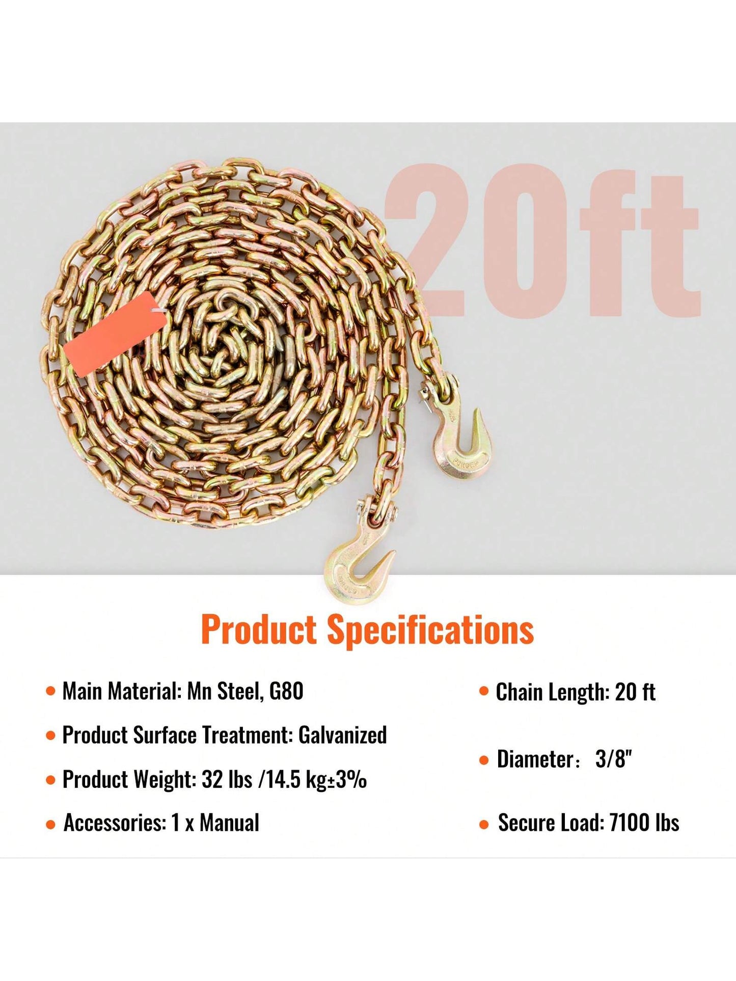 Transport Binder Chain 4900&7100 Lbs Working Load Limit 8 Mmx20'&10 Mmx20' G80 Tow Chain Tie Down With Grab Hooks DOT Certified Galvanized Coating Manganese Steel For Dock Factory Construction Site 1&