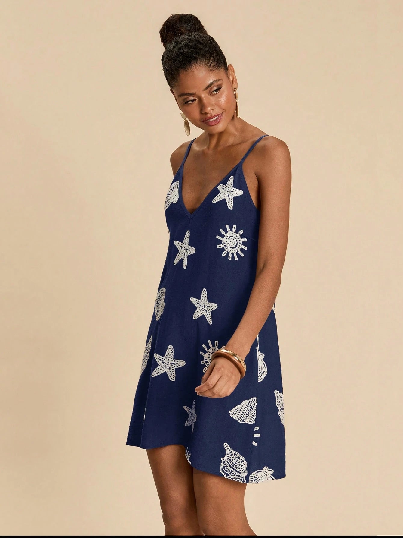 Travachic Elegant Boho Casual Vacation Embroidered Women's Dress Beach Navy Blue And White Summer