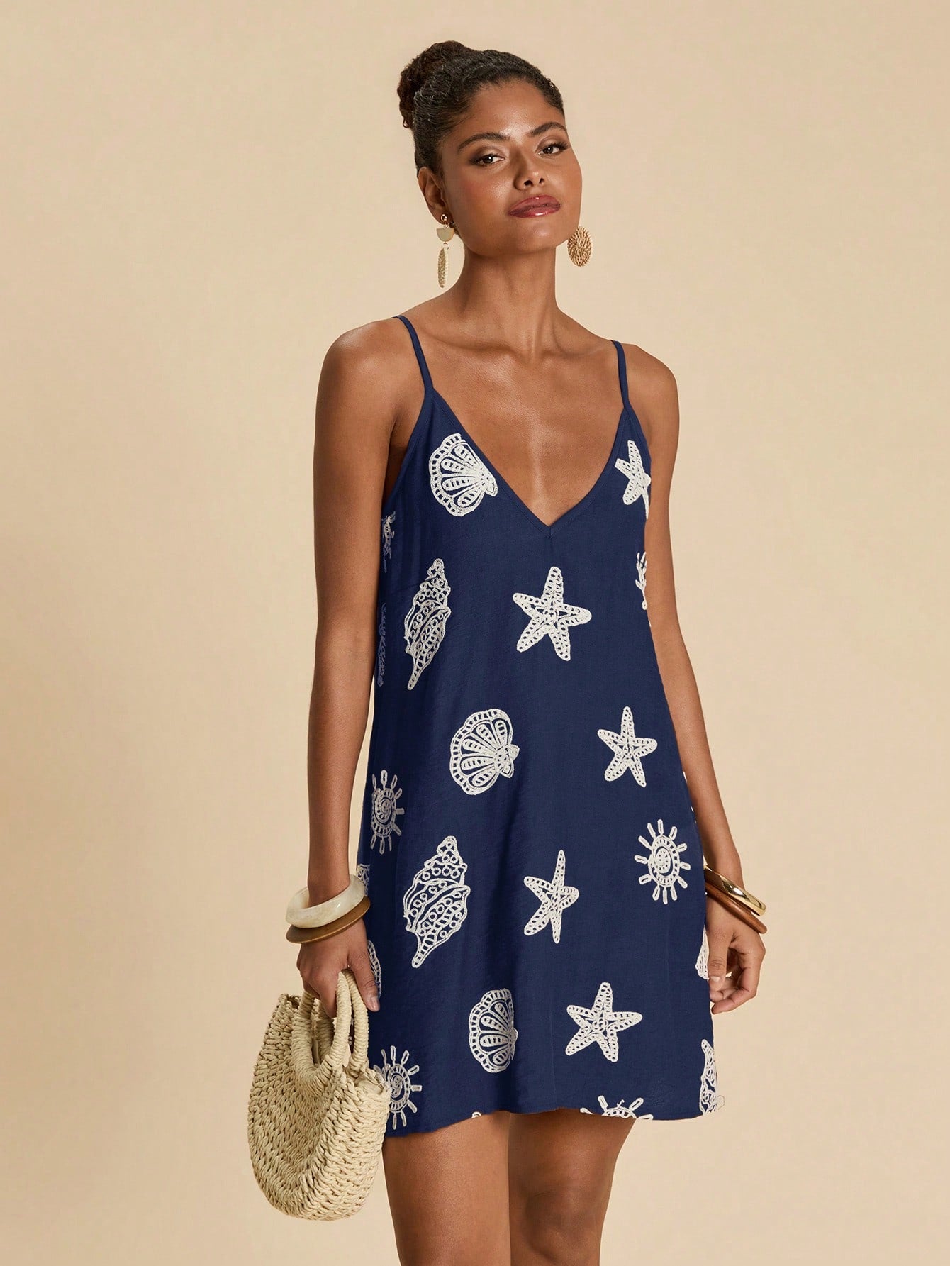 Travachic Elegant Boho Casual Vacation Embroidered Women's Dress Beach Navy Blue And White Summer