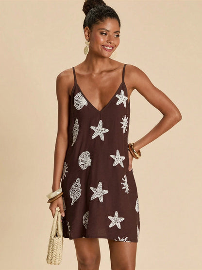 Travachic Elegant Boho Casual Vacation Embroidered Women's Dress Beach Navy Blue And White Summer