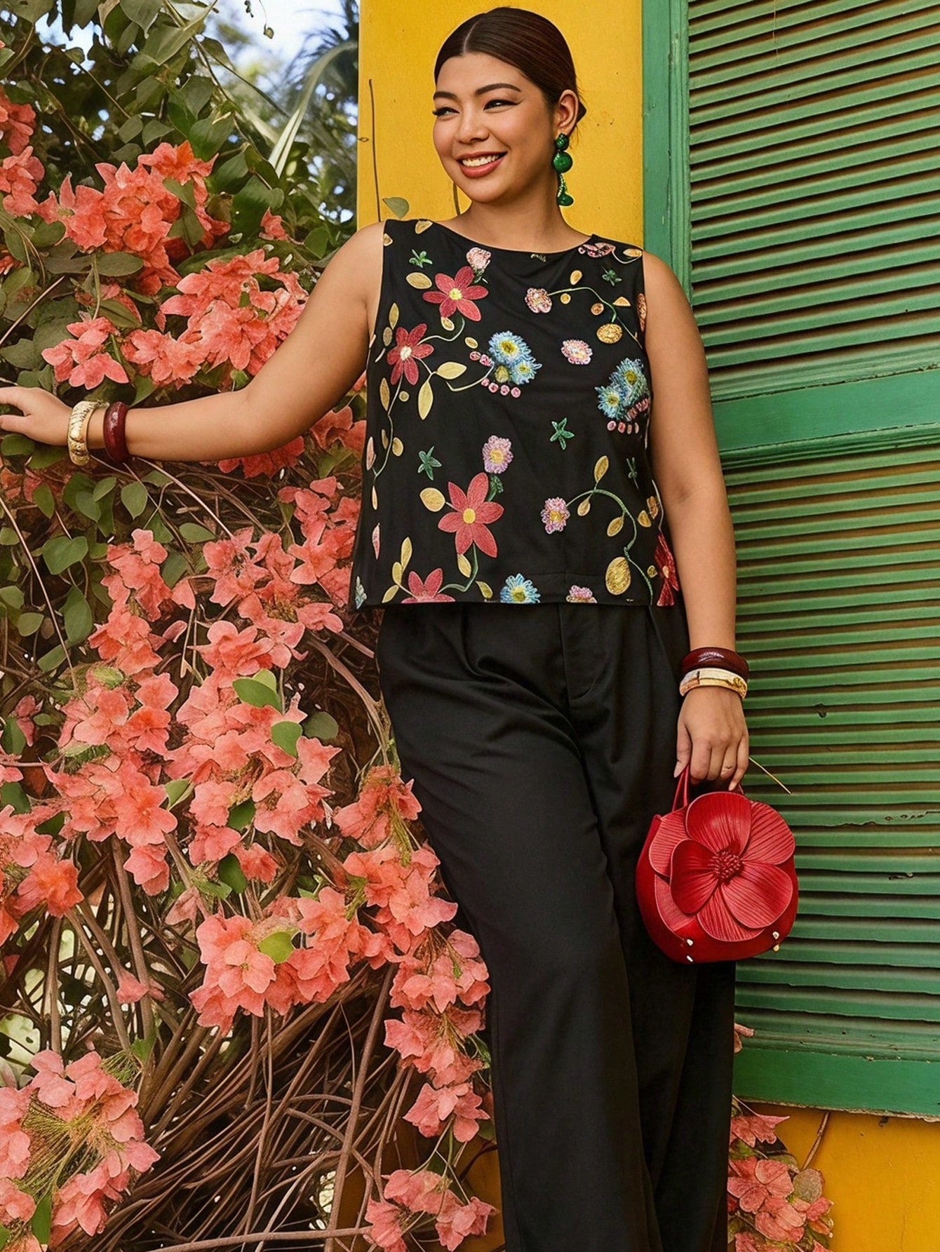 Travachic Plus Size Women's Floral Embroidered Pattern Casual Elegant Traditional Versatile Everyday Top Vacation Evening Black Summer