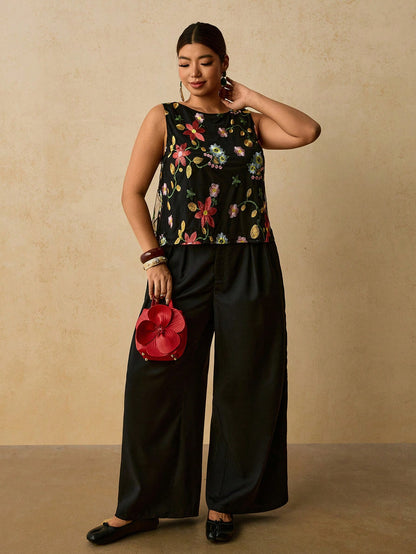 Travachic Plus Size Women's Floral Embroidered Pattern Casual Elegant Traditional Versatile Everyday Top Vacation Evening Black Summer
