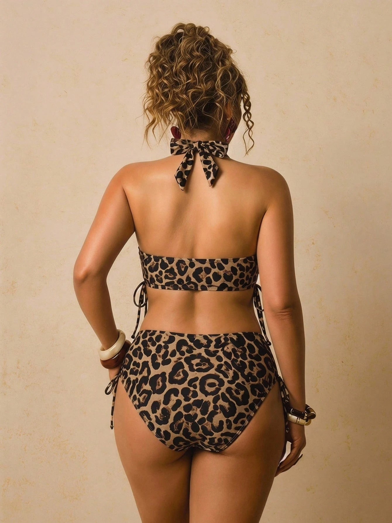 Travachic Plus Size Women's Summer Beach Leopard Print Halter Neck Tie Sexy Bikini And Triangle Bottoms Two-Piece Swimsuit Set Bathing Suits For Women