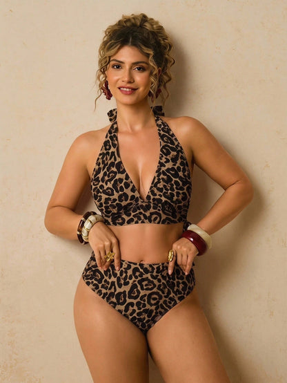 Travachic Plus Size Women's Summer Beach Leopard Print Halter Neck Tie Sexy Bikini And Triangle Bottoms Two-Piece Swimsuit Set Bathing Suits For Women