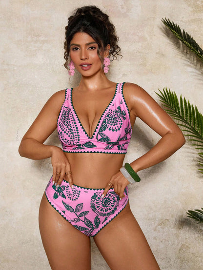 Travachic Plus Size Women's Summer Beach Leopard Print Halter Neck Tie Sexy Bikini And Triangle Bottoms Two-Piece Swimsuit Set Bathing Suits For Women