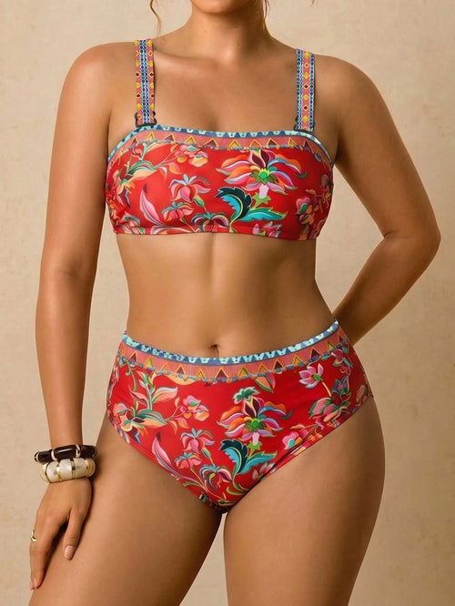 Travachic Plus Size Women's Summer Beach Vacation Floral Print Backless Tie-Front Bikini Set Set Bathing Suits For Women