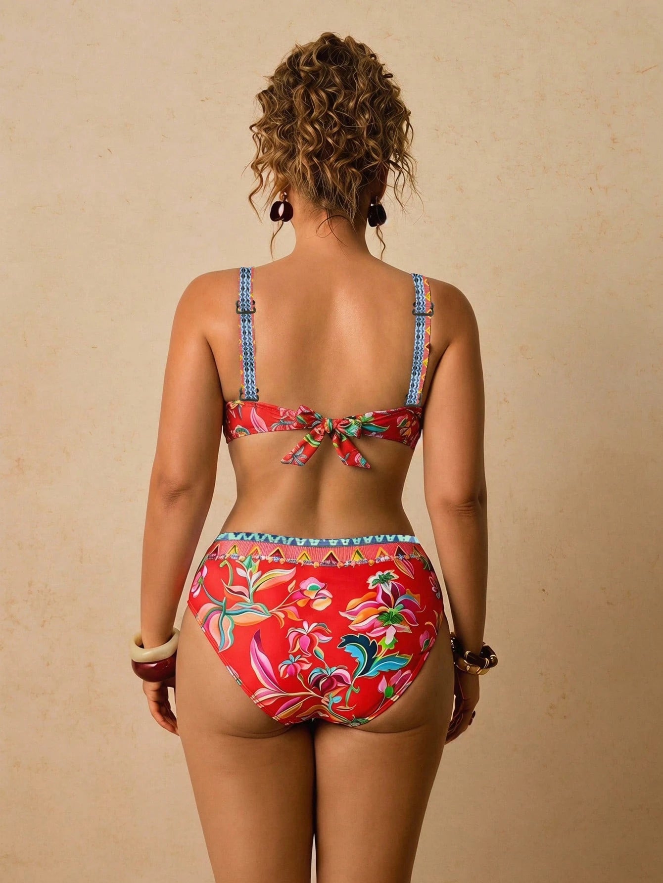 Travachic Plus Size Women's Summer Beach Vacation Floral Print Backless Tie-Front Bikini Set Set Bathing Suits For Women