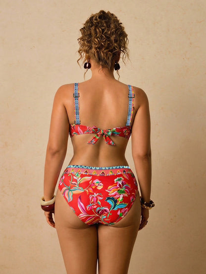 Travachic Plus Size Women's Summer Beach Vacation Floral Print Backless Tie-Front Bikini Set Set Bathing Suits For Women