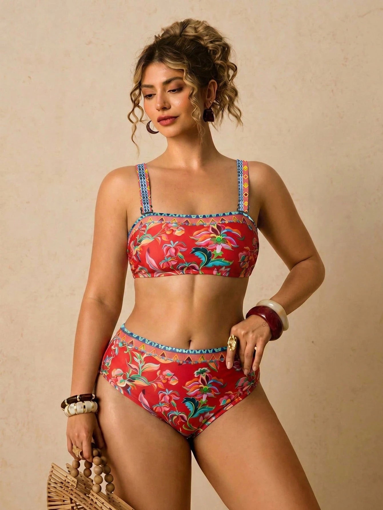Travachic Plus Size Women's Summer Beach Vacation Floral Print Backless Tie-Front Bikini Set Set Bathing Suits For Women