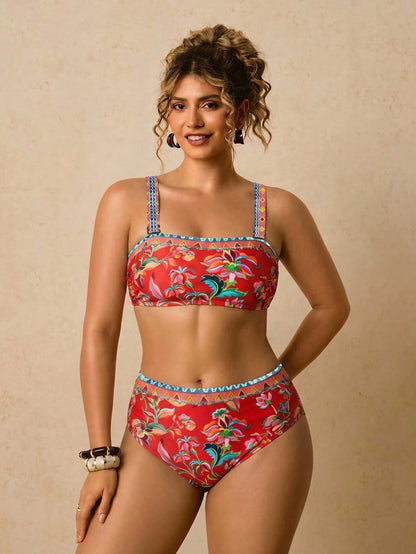 Travachic Plus Size Women's Summer Beach Vacation Floral Print Backless Tie-Front Bikini Set Set Bathing Suits For Women