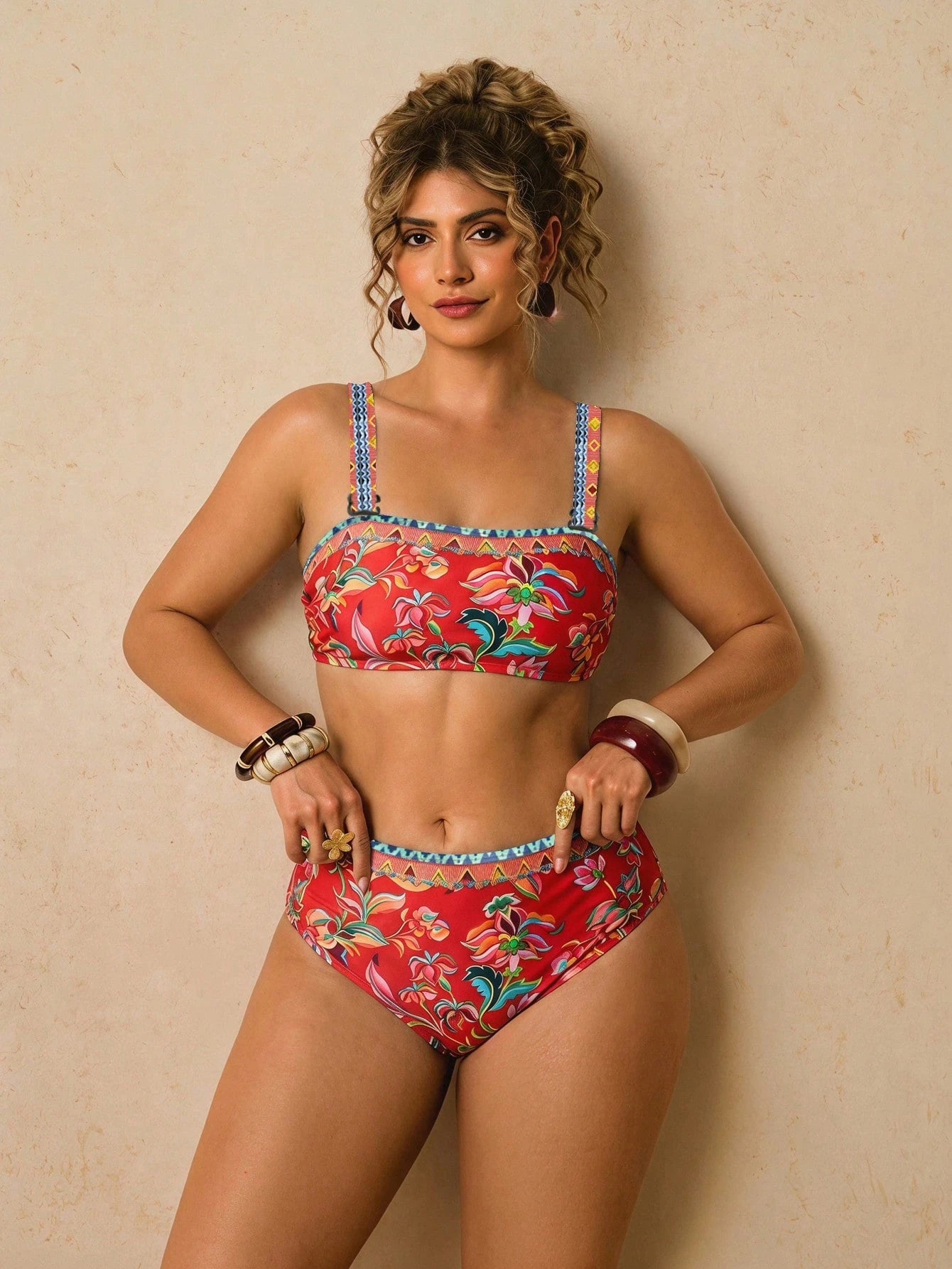 Travachic Plus Size Women's Summer Beach Vacation Floral Print Backless Tie-Front Bikini Set Set Bathing Suits For Women