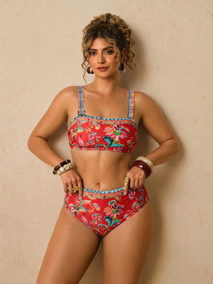 Travachic Plus Size Women's Summer Beach Vacation Floral Print Backless Tie-Front Bikini Set Set Bathing Suits For Women