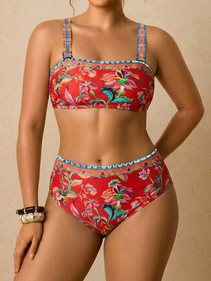 Travachic Plus Size Women's Summer Beach Vacation Floral Print Backless Tie-Front Bikini Set Set Bathing Suits For Women