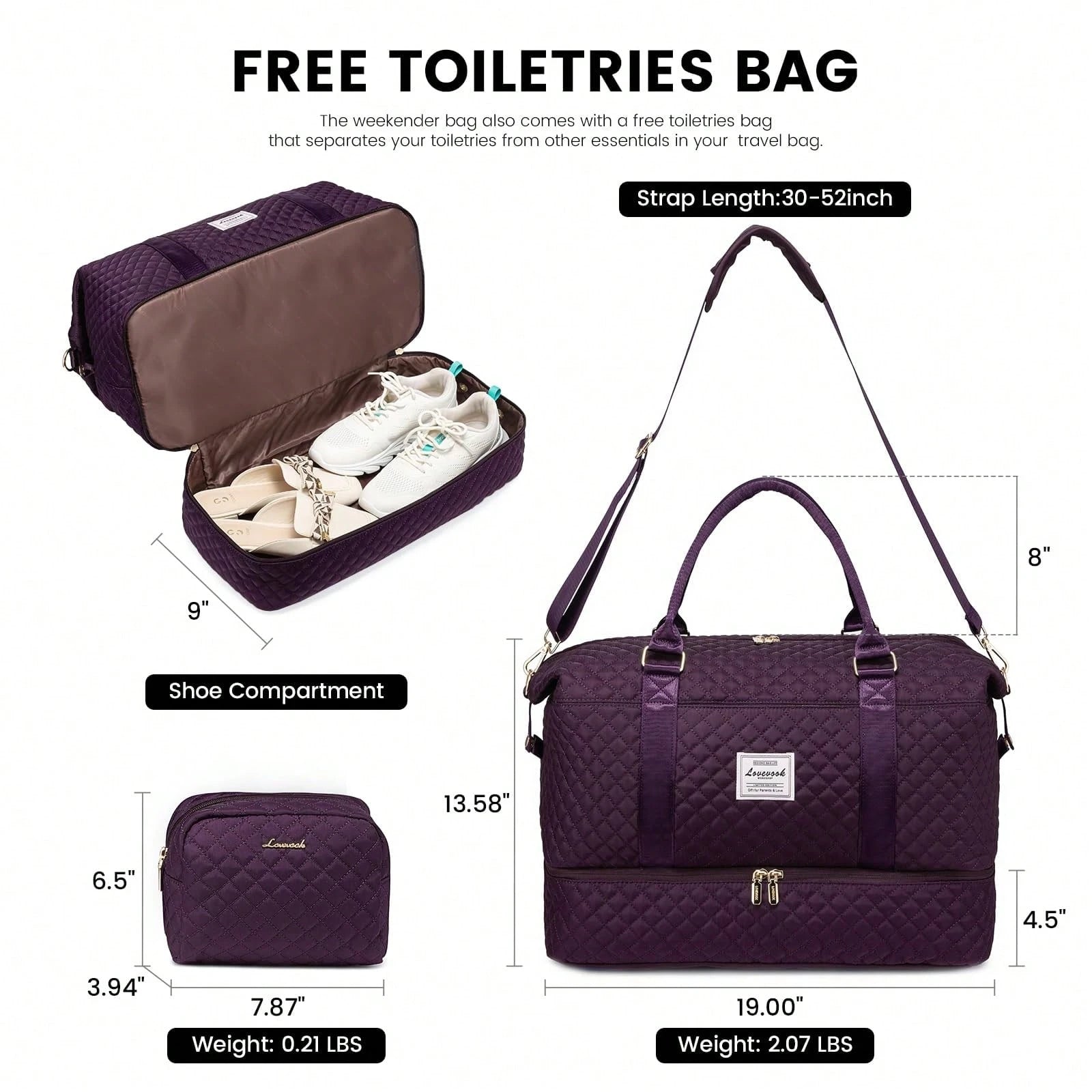 Travel Duffle Bag,Weekender Bags For Women With Shoe Compartment,Carry On Overnight Bag With Toiletry Bag,Gym Duffel Bag With Wet Pocket (Purple)