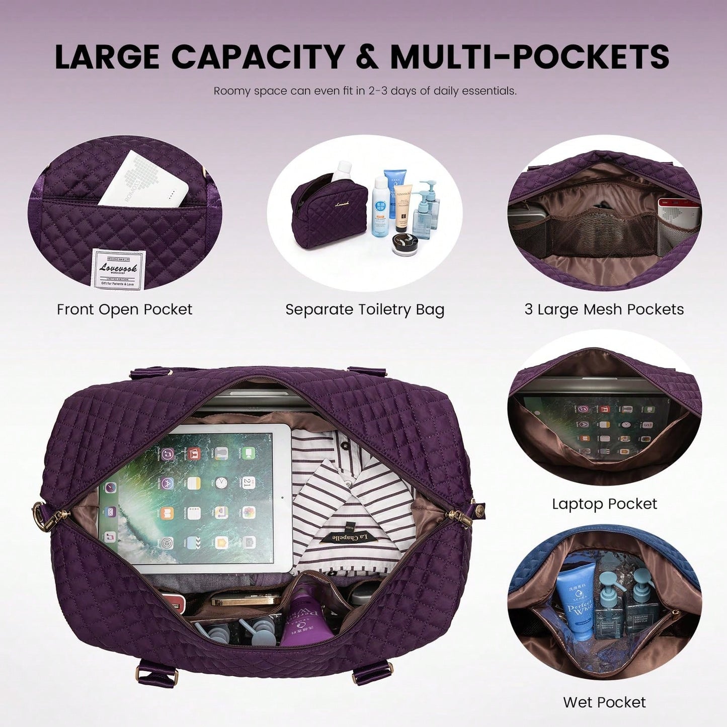 Travel Duffle Bag,Weekender Bags For Women With Shoe Compartment,Carry On Overnight Bag With Toiletry Bag,Gym Duffel Bag With Wet Pocket (Purple)
