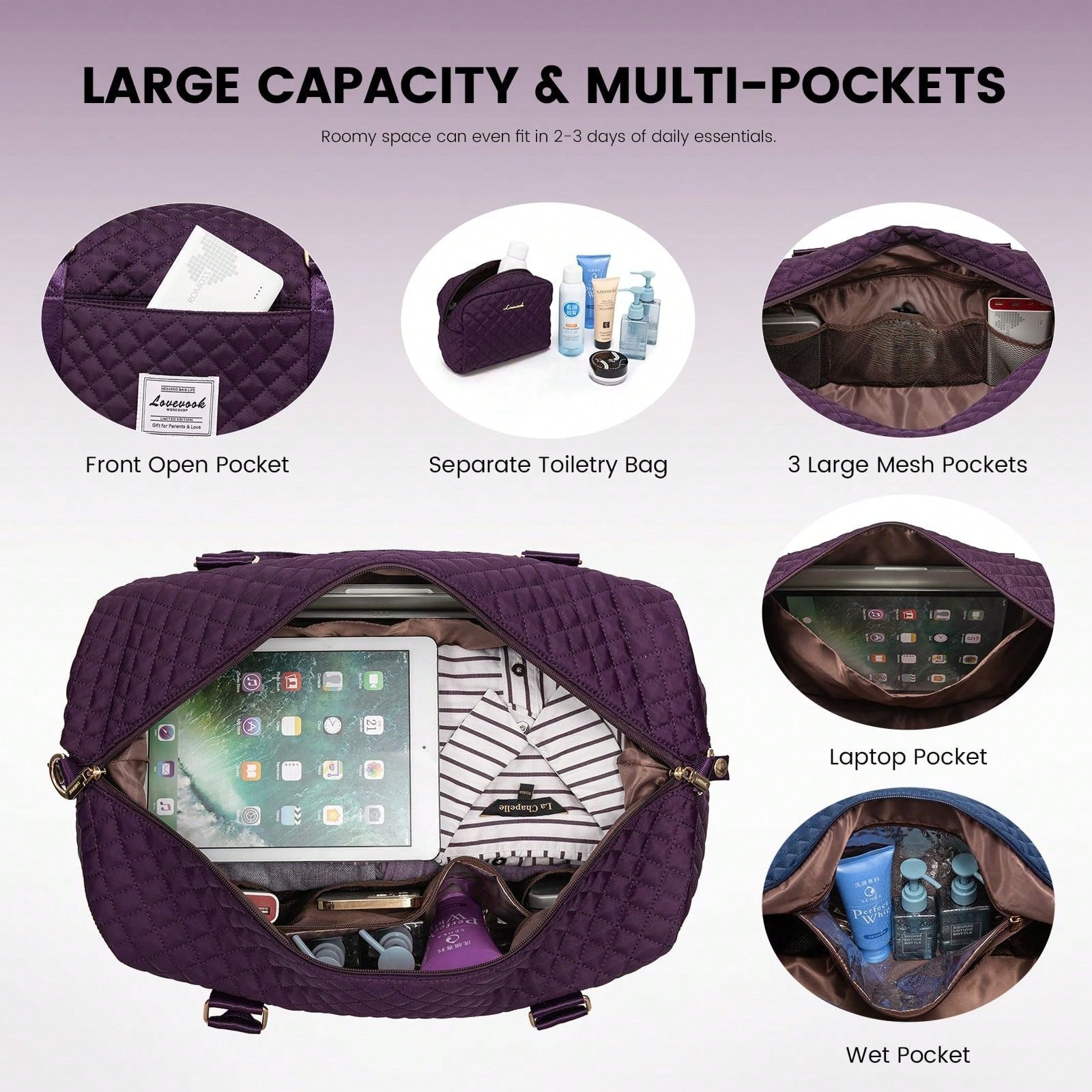 Travel Duffle Bag,Weekender Bags For Women With Shoe Compartment,Carry On Overnight Bag With Toiletry Bag,Gym Duffel Bag With Wet Pocket (Purple)