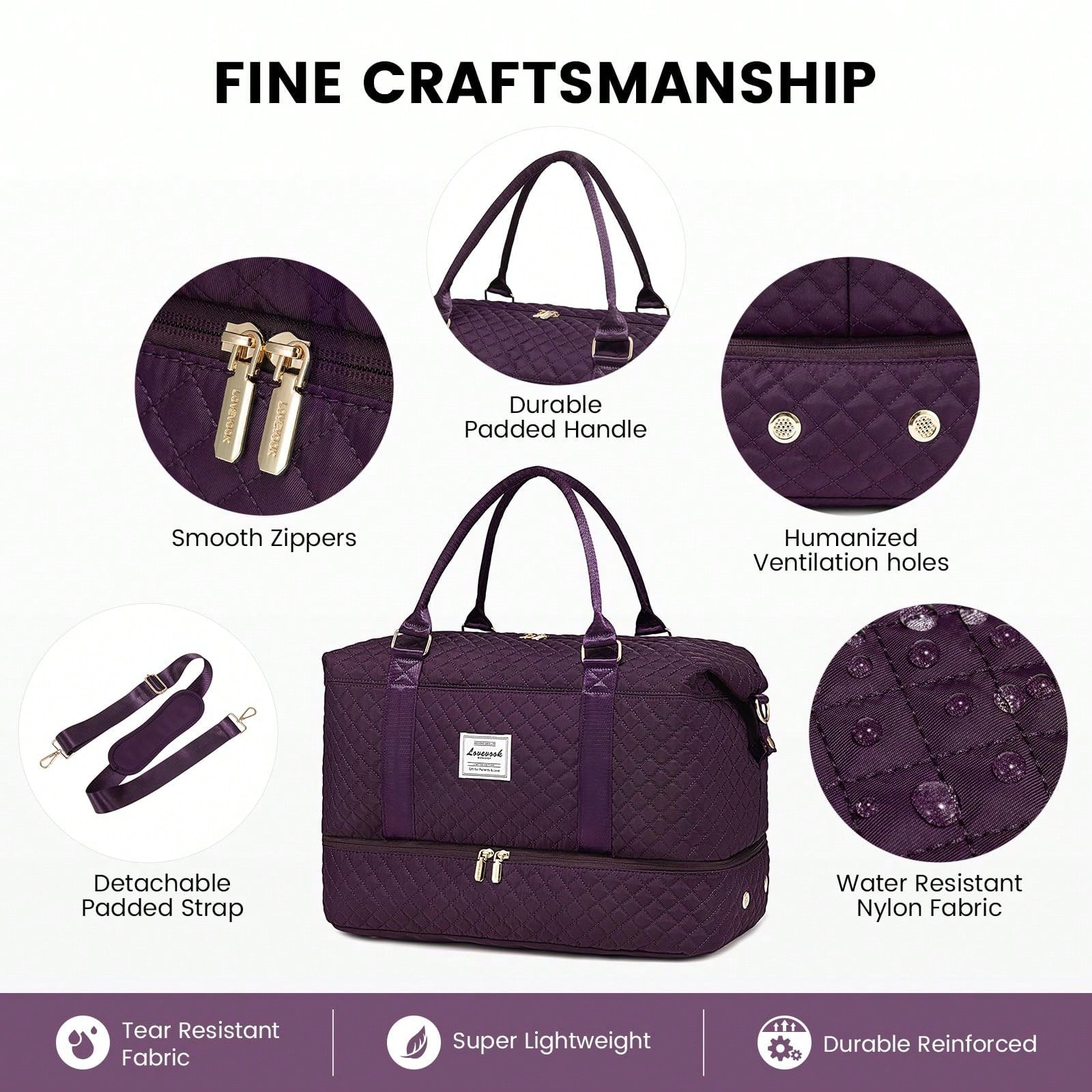 Travel Duffle Bag,Weekender Bags For Women With Shoe Compartment,Carry On Overnight Bag With Toiletry Bag,Gym Duffel Bag With Wet Pocket (Purple)