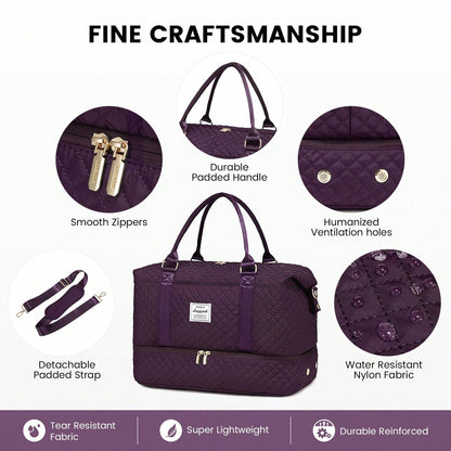 Travel Duffle Bag,Weekender Bags For Women With Shoe Compartment,Carry On Overnight Bag With Toiletry Bag,Gym Duffel Bag With Wet Pocket (Purple)