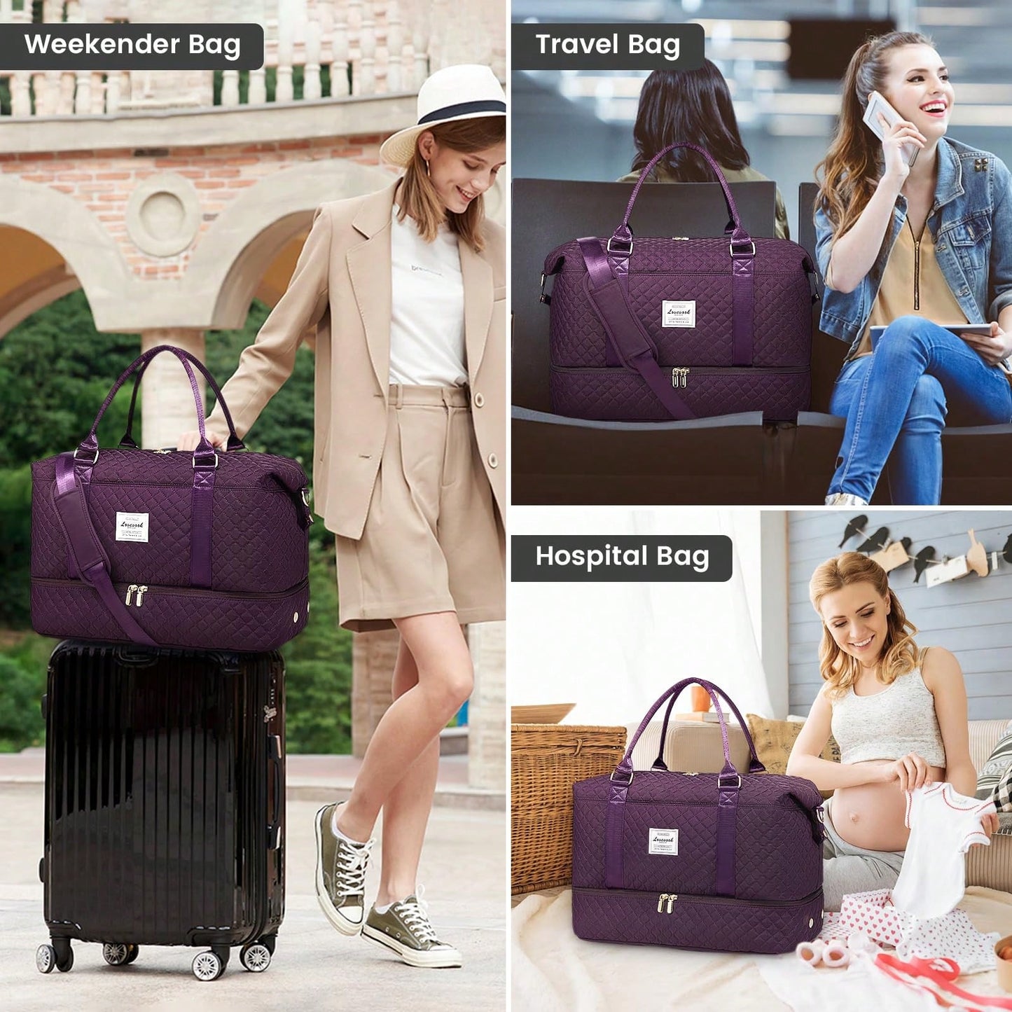 Travel Duffle Bag,Weekender Bags For Women With Shoe Compartment,Carry On Overnight Bag With Toiletry Bag,Gym Duffel Bag With Wet Pocket (Purple)