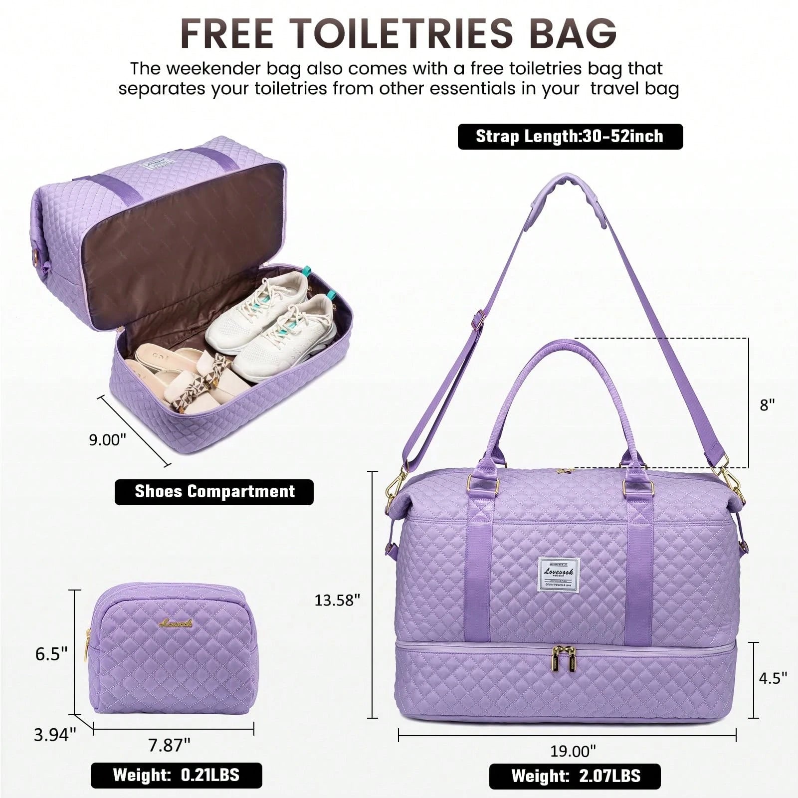 Travel Duffle Bag,Weekender Bags For Women With Shoe Compartment,Carry On Overnight Bag With Toiletry Bag,Gym Duffel Bag With Wet Pocket (Purple)