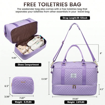 Travel Duffle Bag,Weekender Bags For Women With Shoe Compartment,Carry On Overnight Bag With Toiletry Bag,Gym Duffel Bag With Wet Pocket (Purple)