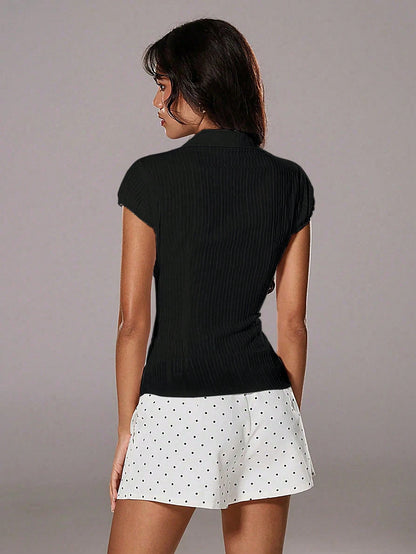 TRNVIE Black Summer Casual Date 100% Cotton Textured Striped Short Sleeve Shirt Women's Elegant Deep V Neck Fitted Button Polo Blouse Office Lady Tops
