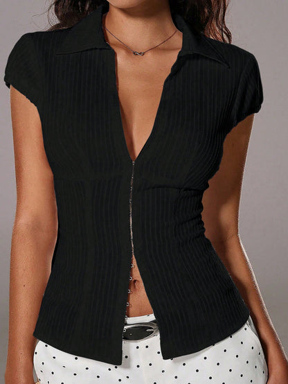 TRNVIE Black Summer Casual Date 100% Cotton Textured Striped Short Sleeve Shirt Women's Elegant Deep V Neck Fitted Button Polo Blouse Office Lady Tops