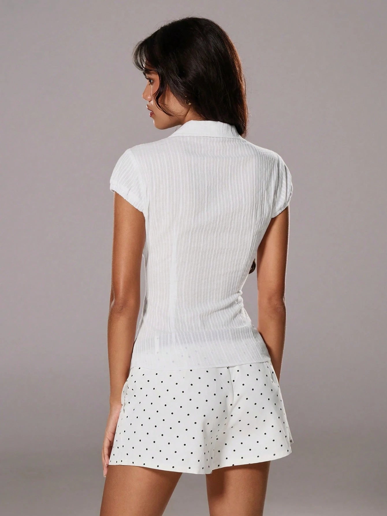TRNVIE Summer White Textured Collared Slim-Fit Office Lady Vertical Striped Short Sleeve Shirt