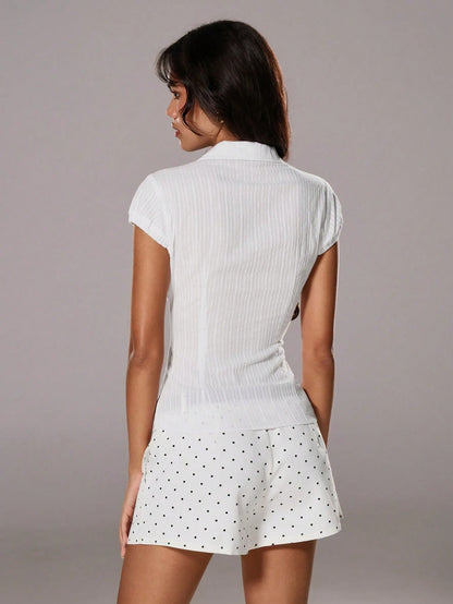 TRNVIE Summer White Textured Collared Slim-Fit Office Lady Vertical Striped Short Sleeve Shirt