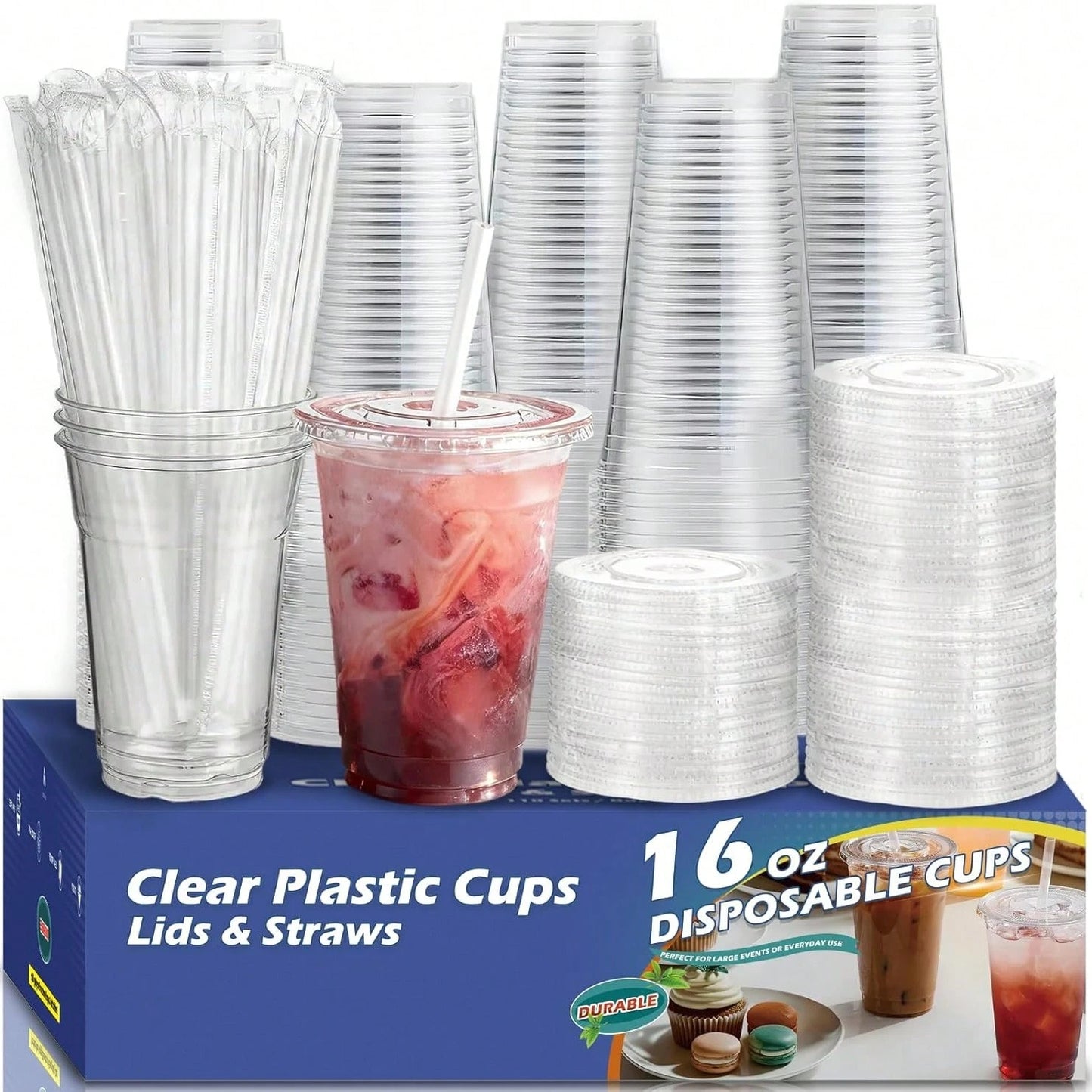 TUMATICLY 300PCS Plastic Cup Coffee Cup Set, 16 Ounce/480ml (100PC Cups+100PC Lids+100PC Straws), With Straw And Lid, Transparent Coffee Cup, Suitable For Party Gathering, Wedding, Birthday, Commercia