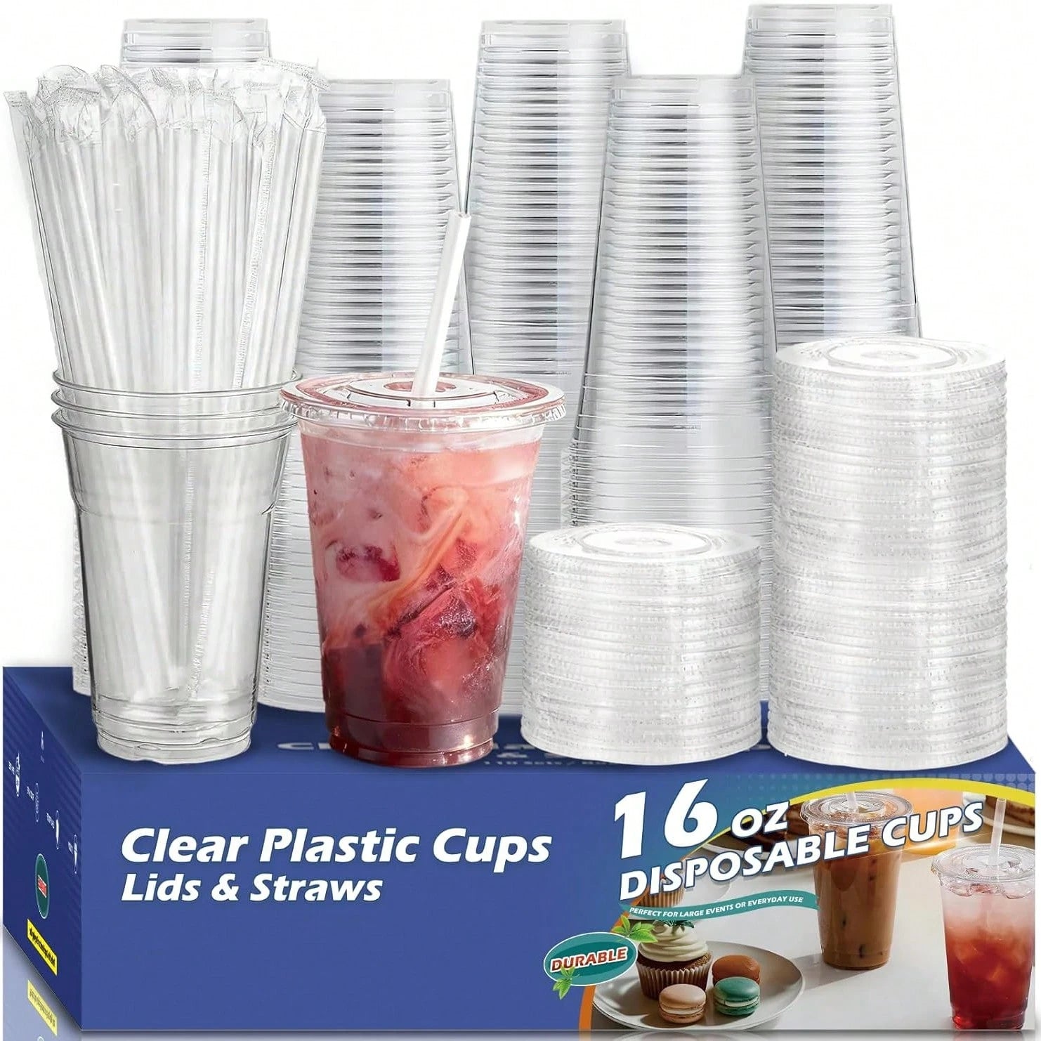 TUMATICLY 300PCS Plastic Cup Coffee Cup Set, 16 Ounce/480ml (100PC Cups+100PC Lids+100PC Straws), With Straw And Lid, Transparent Coffee Cup, Suitable For Party Gathering, Wedding, Birthday, Commercia