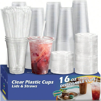 TUMATICLY 300PCS Plastic Cup Coffee Cup Set, 16 Ounce/480ml (100PC Cups+100PC Lids+100PC Straws), With Straw And Lid, Transparent Coffee Cup, Suitable For Party Gathering, Wedding, Birthday, Commercia