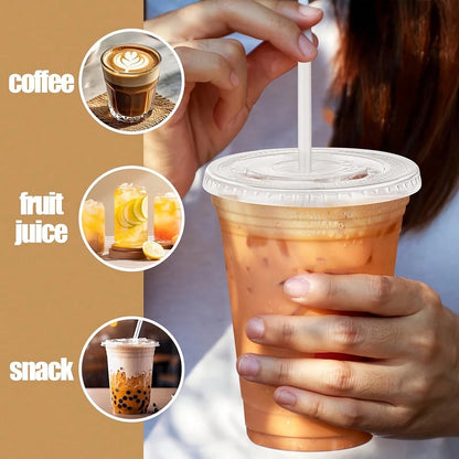 TUMATICLY 300PCS Plastic Cup Coffee Cup Set, 16 Ounce/480ml (100PC Cups+100PC Lids+100PC Straws), With Straw And Lid, Transparent Coffee Cup, Suitable For Party Gathering, Wedding, Birthday, Commercia