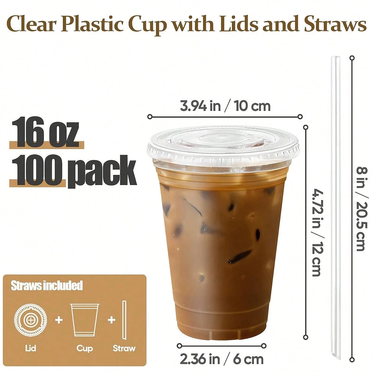 TUMATICLY 300PCS Plastic Cup Coffee Cup Set, 16 Ounce/480ml (100PC Cups+100PC Lids+100PC Straws), With Straw And Lid, Transparent Coffee Cup, Suitable For Party Gathering, Wedding, Birthday, Commercia