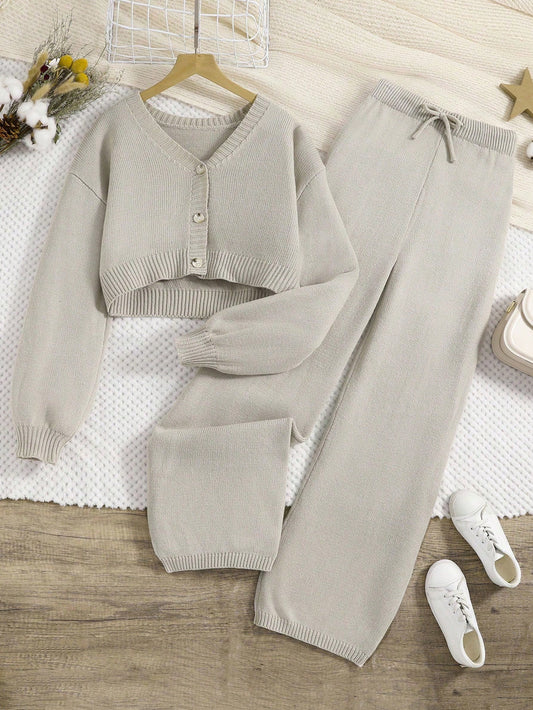 Tween Girl Fashion Minimalist Knitted Cardigan And Knit Pants Set