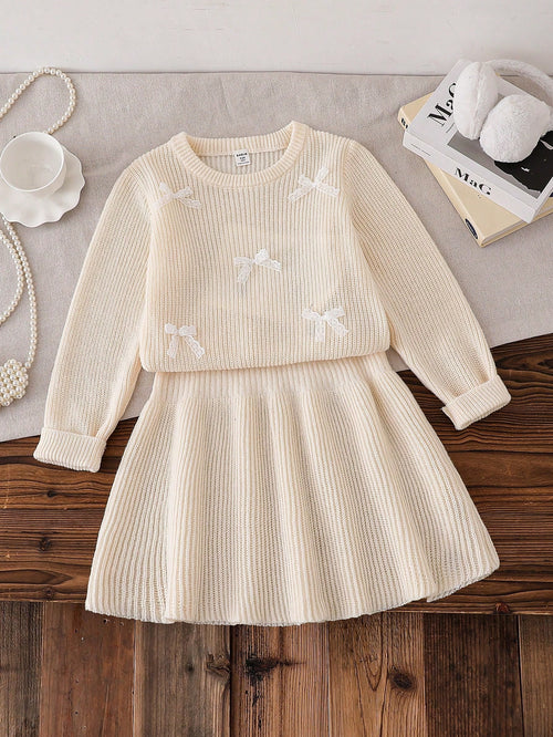 Tween Girl Winter Knit 2 Pieces Set, Cute 3D Bow Sweater With Pleated Skirt, Elegant And Adorable,Suitable For Autumn/Winter Back To School Clothes
