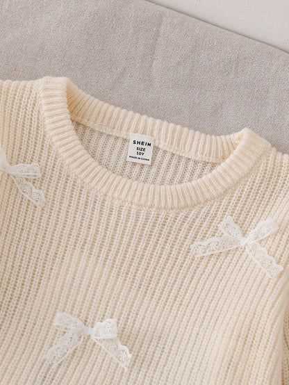Tween Girl Winter Knit 2 Pieces Set, Cute 3D Bow Sweater With Pleated Skirt, Elegant And Adorable,Suitable For Autumn/Winter Back To School Clothes