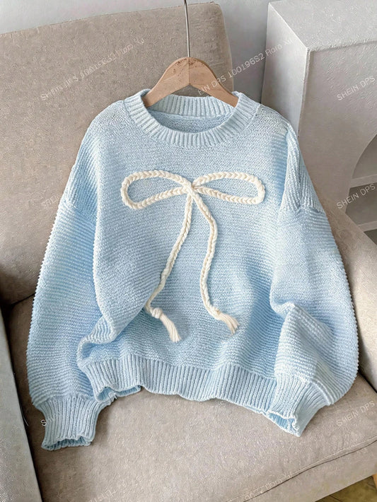 Tween Girls' Sweater With Bow Embroidery, Sweet Casual Versatile Daily Wear, Soft And Comfortable