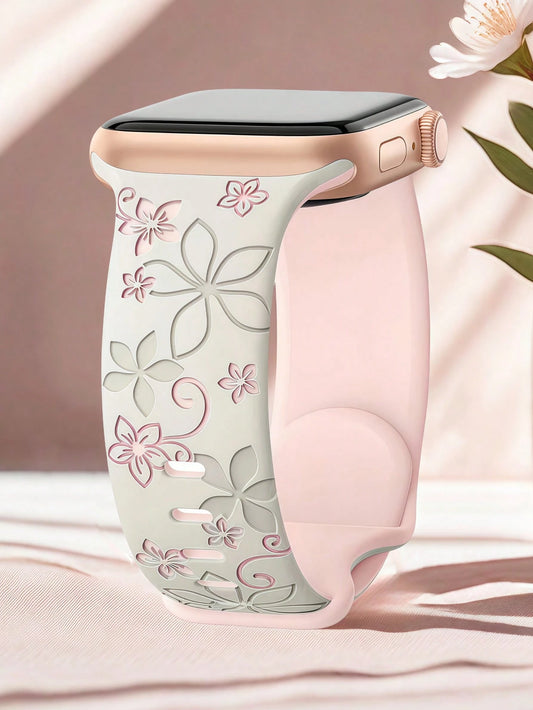 Two-Tone Floral Engraved Watch Band Compatible With Apple Watch Band 41mm 40mm 44mm 45mm 42mm 38mm 46mm 49mm, Boho Cute Purple Flower Silicone Strap Suitable For Apple Watch Series Ultra 11 10 9 8 7 6
