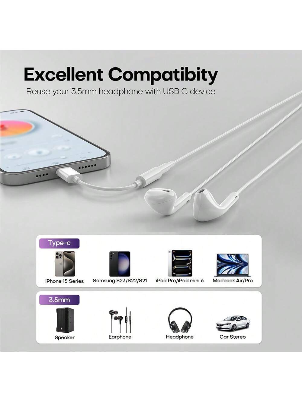 Type-C To 3.5mm Headphone Jack Adapter, USB-C To AUX Audio Converter Cable, Compatible With IPhone 16 Pro/15 Pro Max, Galaxy S23/S24 Ultra, Note 20, Pro, Apple Laptops, Pixel XL