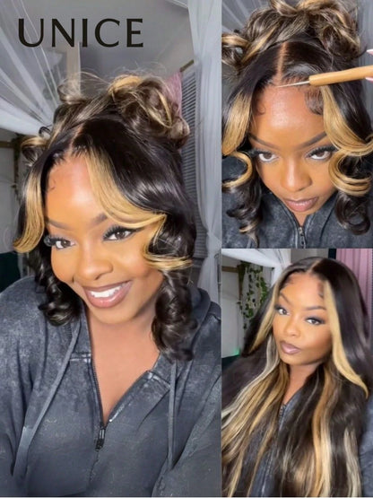 UNice 7x5 Bye Bye Knots Glueless Wig Drawstring Fit For All Sizes Pre Cut Lace Front Wigs Butterscotch Highlights Brown Loose Wave Wig With Free Face Framing Bangs 100% Human Hair Put On And Go Wig Pr