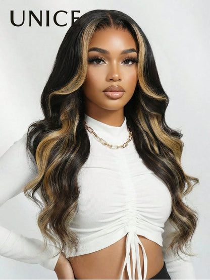 UNice 7x5 Bye Bye Knots Glueless Wig Drawstring Fit For All Sizes Pre Cut Lace Front Wigs Butterscotch Highlights Brown Loose Wave Wig With Free Face Framing Bangs 100% Human Hair Put On And Go Wig Pr