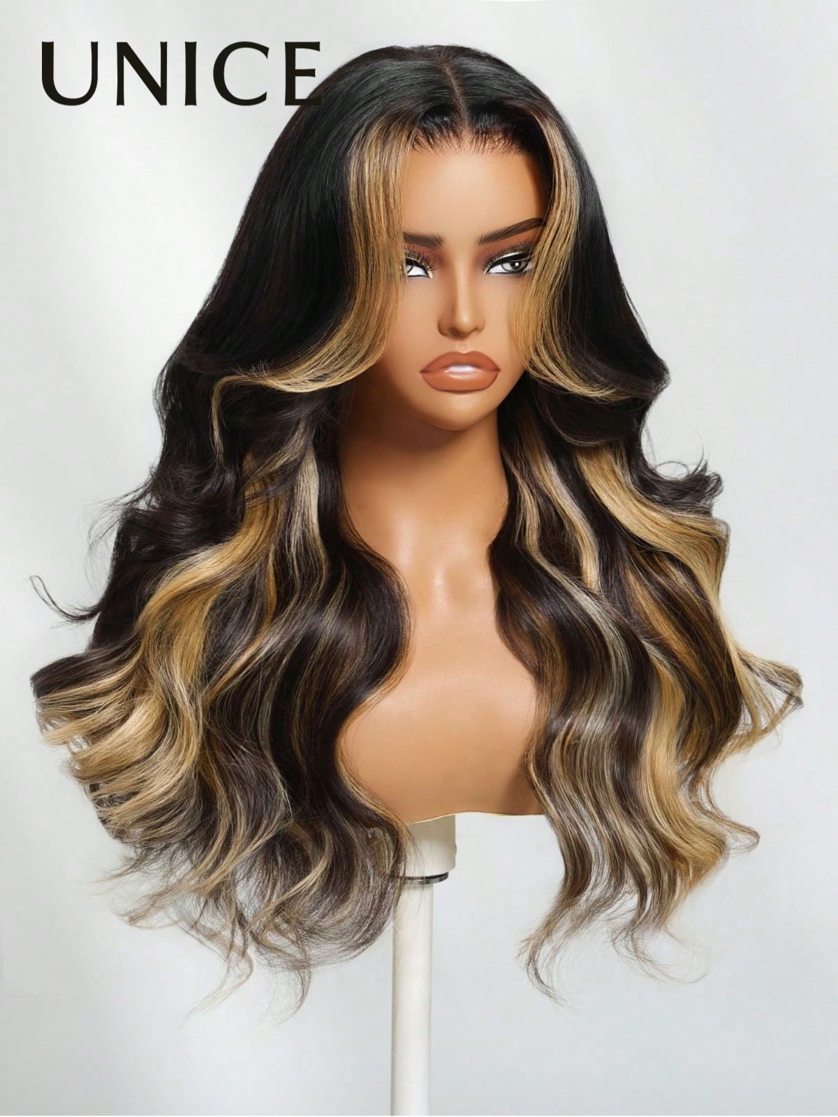 UNice 7x5 Bye Bye Knots Glueless Wig Drawstring Fit For All Sizes Pre Cut Lace Front Wigs Butterscotch Highlights Brown Loose Wave Wig With Free Face Framing Bangs 100% Human Hair Put On And Go Wig Pr