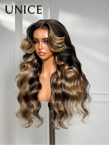 UNice 7x5 Bye Bye Knots Glueless Wig Drawstring Fit For All Sizes Pre Cut Lace Front Wigs Butterscotch Highlights Brown Loose Wave Wig With Free Face Framing Bangs 100% Human Hair Put On And Go Wig Pr