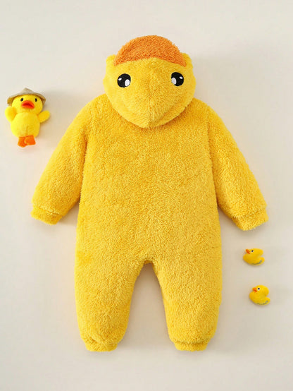 Unisex Newborn Baby Boy/Girl Toddler Autumn/Winter Cute Little Yellow Duck Shaped Plush Hooded Long Sleeve Jumpsuit, Soft Skin-Friendly Easy To Put On And Take Off, Baby Rompers, Baby Clothes, O