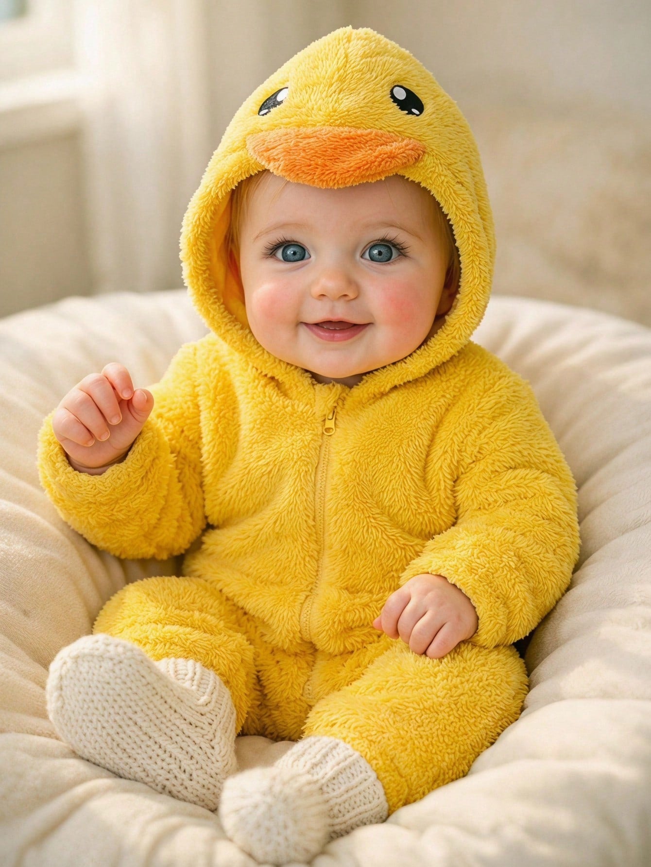 Unisex Newborn Baby Boy/Girl Toddler Autumn/Winter Cute Little Yellow Duck Shaped Plush Hooded Long Sleeve Jumpsuit, Soft Skin-Friendly Easy To Put On And Take Off, Baby Rompers, Baby Clothes, O